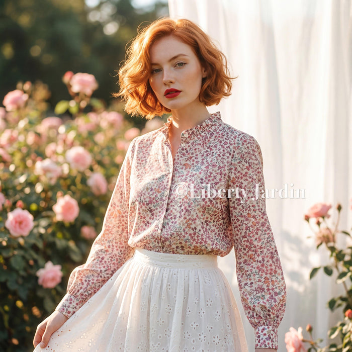 Liberty London Ruffle Collared Long Sleeves Button-up Blouse, Personalised Cotton Chemise, Handmade Sustainable Womenswear