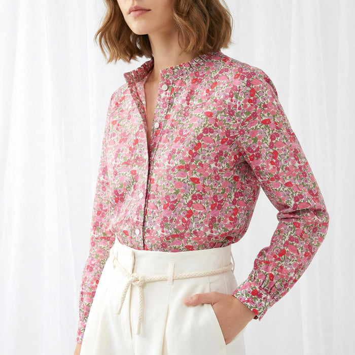 Liberty London Ruffle Collared Long Sleeves Button-up Blouse, Personalised Cotton Chemise, Handmade Sustainable Womenswear