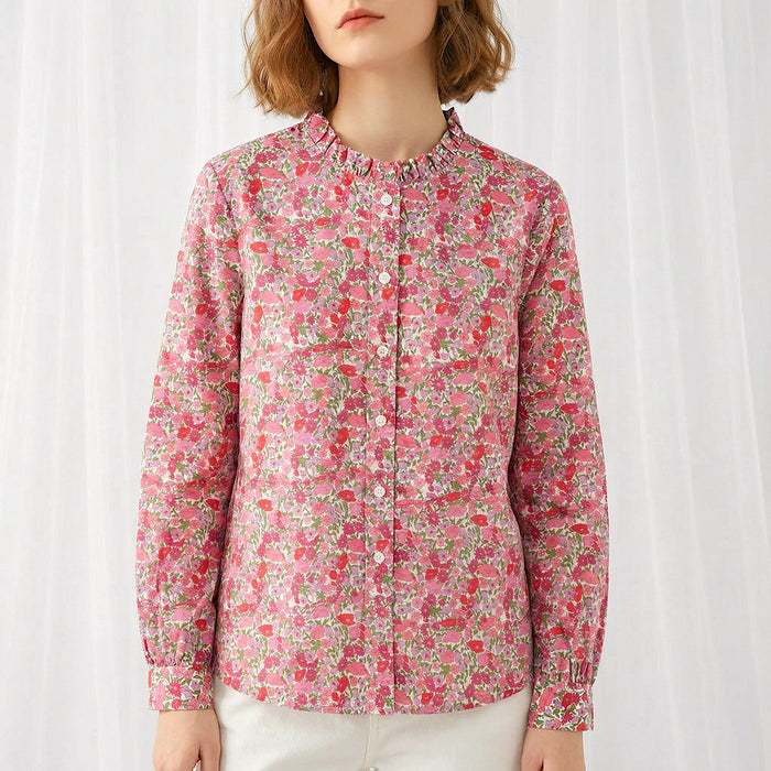Liberty London Ruffle Collared Long Sleeves Button-up Blouse, Personalised Cotton Chemise, Handmade Sustainable Womenswear