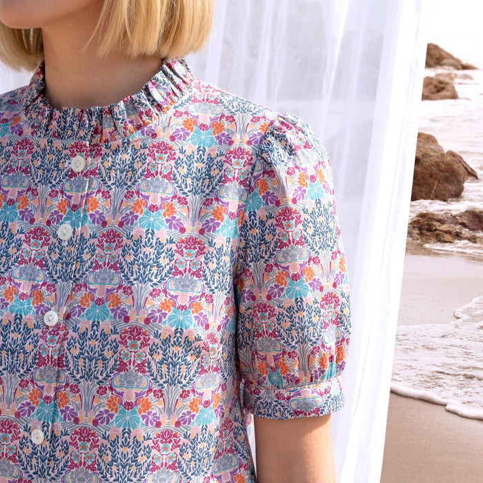 Liberty London Ruffle Collared Short-sleeved Blouse, Handmade Button-up Botanical Personalised Shirt, Botanical Sustainable Clothing