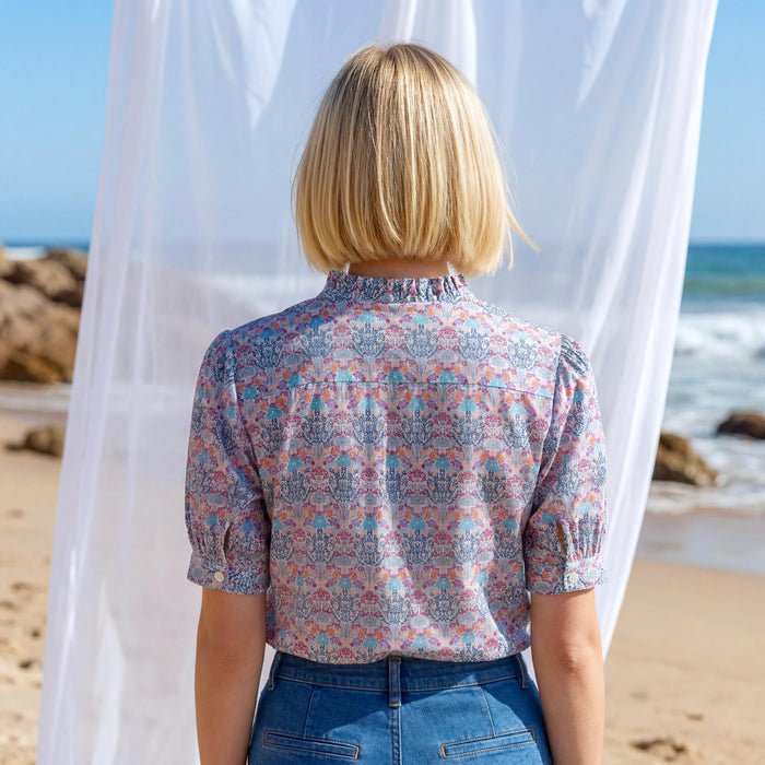 Liberty London Ruffle Collared Short-sleeved Blouse, Handmade Button-up Botanical Personalised Shirt, Botanical Sustainable Clothing