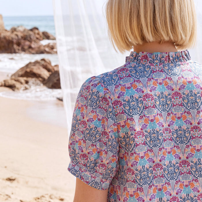 Liberty London Ruffle Collared Short-sleeved Blouse, Handmade Button-up Botanical Personalised Shirt, Botanical Sustainable Clothing