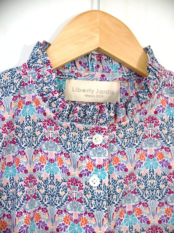 Liberty London Ruffle Collared Short-sleeved Blouse, Handmade Button-up Botanical Personalised Shirt, Botanical Sustainable Clothing
