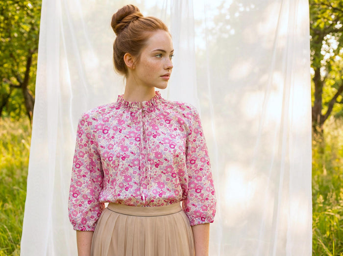 Liberty London Ruffle-Collared Three-Quarter Botanical Floral-Print Blouse, Handmade Womenswear, Sustainable Slow Fashion Tailoring Clothing