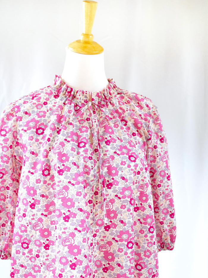 Liberty London Ruffle-Collared Three-Quarter Botanical Floral-Print Blouse, Handmade Womenswear, Sustainable Slow Fashion Tailoring Clothing