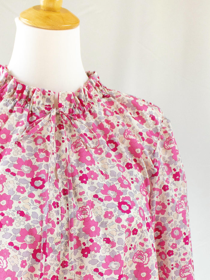 Liberty London Ruffle-Collared Three-Quarter Botanical Floral-Print Blouse, Handmade Womenswear, Sustainable Slow Fashion Tailoring Clothing