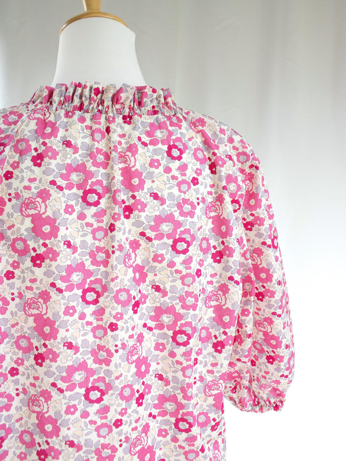 Liberty London Ruffle-Collared Three-Quarter Botanical Floral-Print Blouse, Handmade Womenswear, Sustainable Slow Fashion Tailoring Clothing