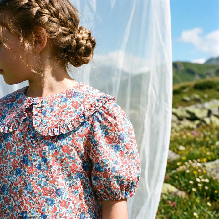 Liberty London Ruffle Peter-Pan Collared Short-sleeved Top, Handmade Sustainable Children Clothing, Customised Button-Up Blouse