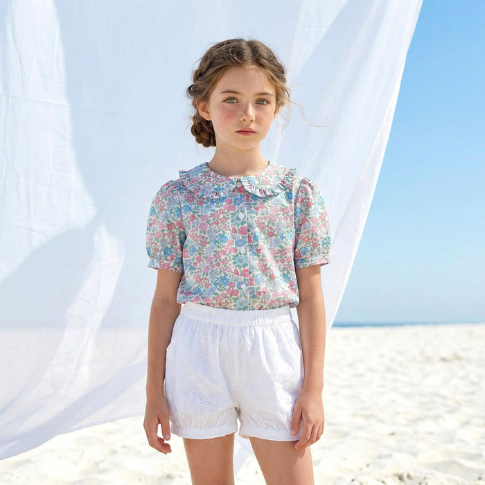 Liberty London Ruffle Peter-Pan Collared Short-sleeved Top, Handmade Sustainable Children Clothing, Customised Button-Up Blouse