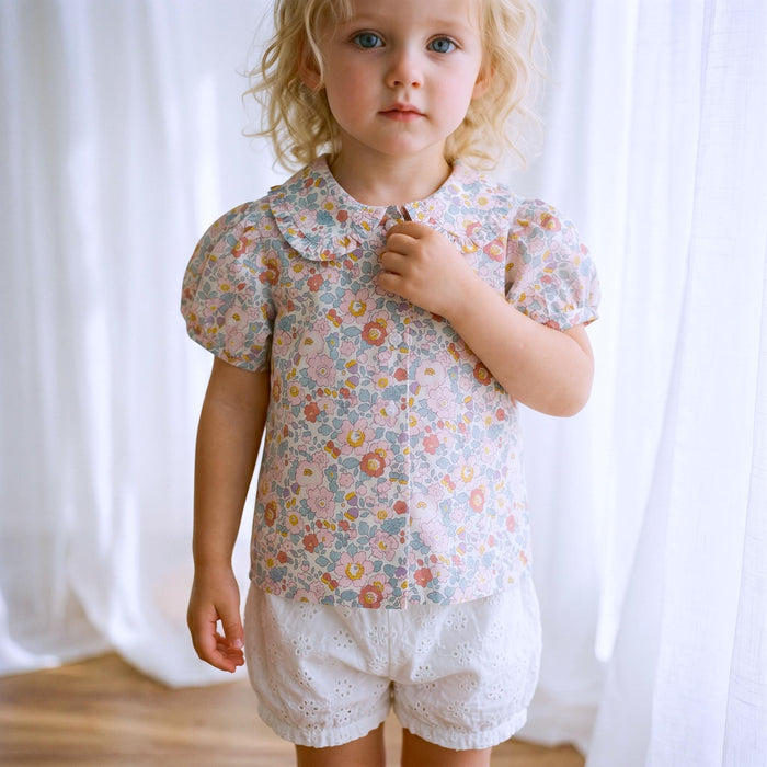 Liberty London Ruffle Peter-Pan Collared Short-sleeved Top, Handmade Sustainable Children Clothing, Customised Button-Up Blouse