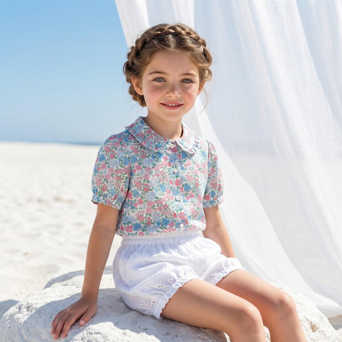 Liberty London Ruffle Peter-Pan Collared Short-sleeved Top, Handmade Sustainable Children Clothing, Customised Button-Up Blouse