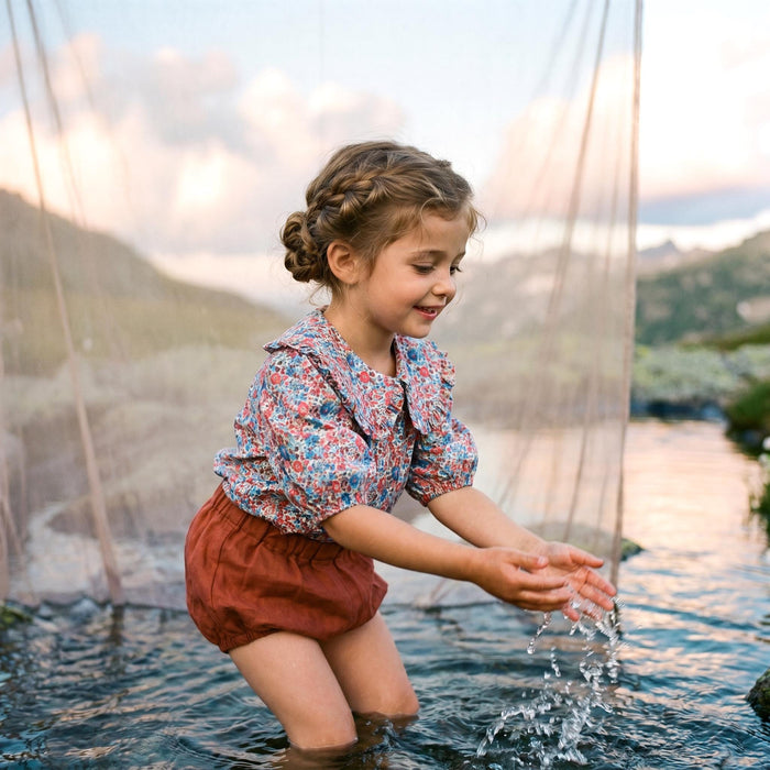 Liberty London Ruffle Peter-Pan Collared Short-sleeved Top, Handmade Sustainable Children Clothing, Customised Button-Up Blouse