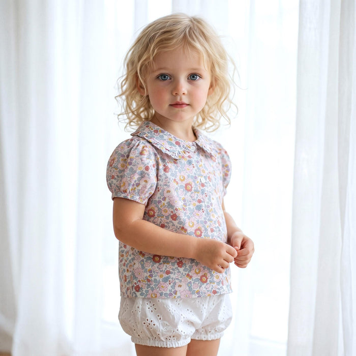 Liberty London Ruffle Peter-Pan Collared Short-sleeved Top, Handmade Sustainable Children Clothing, Customised Button-Up Blouse