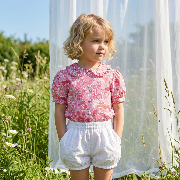 Liberty London Ruffle Peter-Pan Collared Short-sleeved Top, Handmade Sustainable Children Clothing, Customised Button-Up Blouse