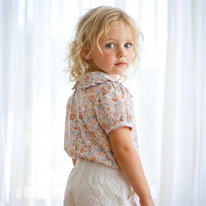 Liberty London Ruffle Peter-Pan Collared Short-sleeved Top, Handmade Sustainable Children Clothing, Customised Button-Up Blouse