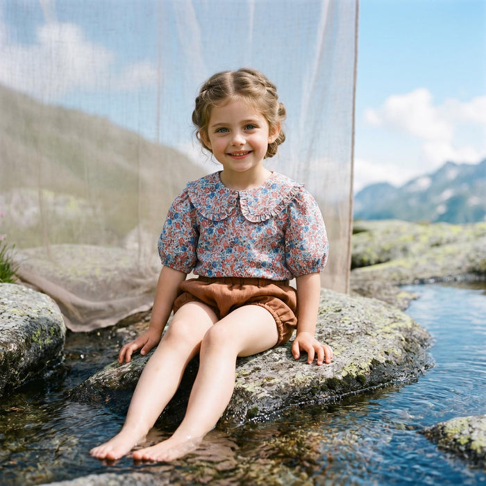 Liberty London Ruffle Peter-Pan Collared Short-sleeved Top, Handmade Sustainable Children Clothing, Customised Button-Up Blouse