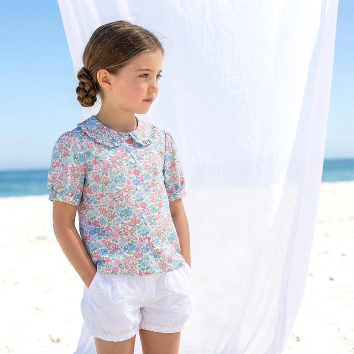 Liberty London Ruffle Peter-Pan Collared Short-sleeved Top, Handmade Sustainable Children Clothing, Customised Button-Up Blouse