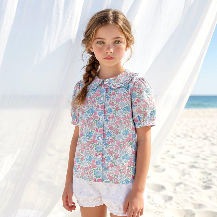 Liberty London Ruffle Peter-Pan Collared Short-sleeved Top, Handmade Sustainable Children Clothing, Customised Button-Up Blouse
