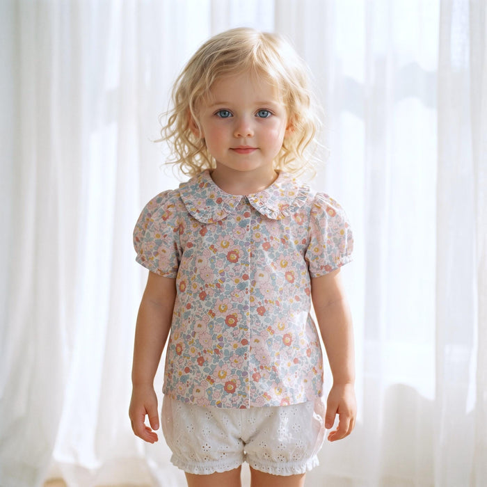 Liberty London Ruffle Peter-Pan Collared Short-sleeved Top, Handmade Sustainable Children Clothing, Customised Button-Up Blouse