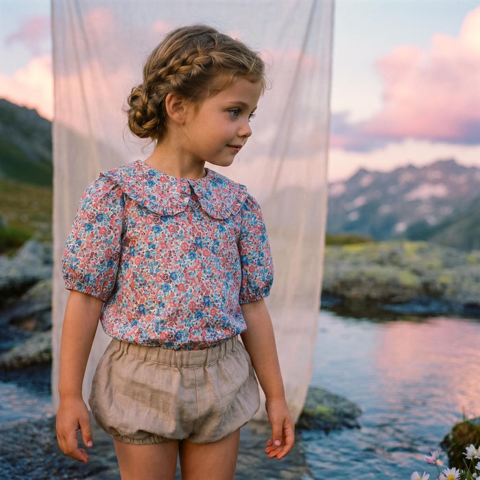 Liberty London Ruffle Peter-Pan Collared Short-sleeved Top, Handmade Sustainable Children Clothing, Customised Button-Up Blouse