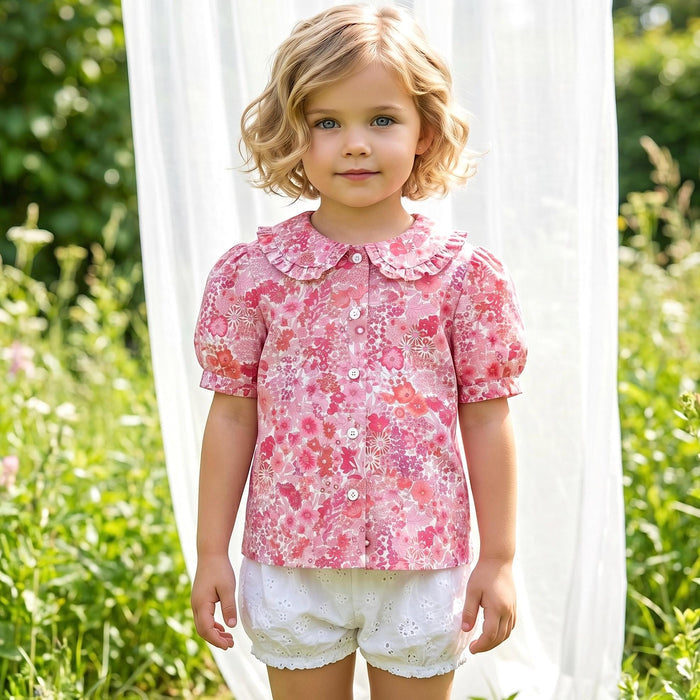 Liberty London Ruffle Peter-Pan Collared Short-sleeved Top, Handmade Sustainable Children Clothing, Customised Button-Up Blouse