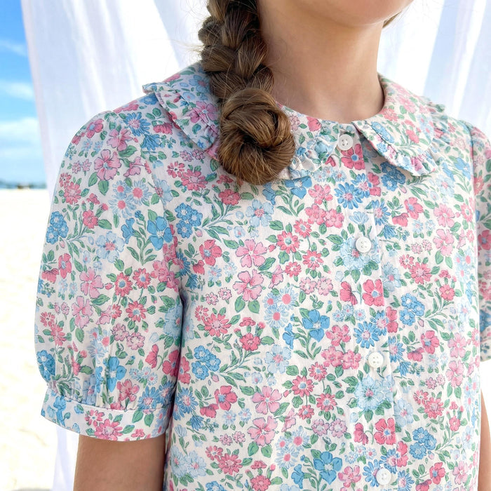 Liberty London Ruffle Peter-Pan Collared Short-sleeved Top, Handmade Sustainable Children Clothing, Customised Button-Up Blouse