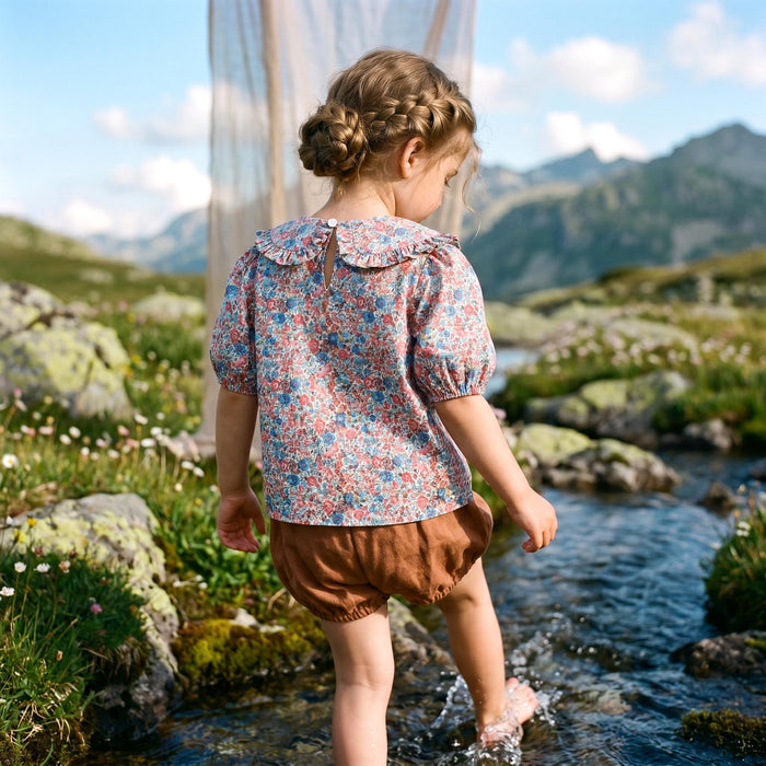 Liberty London Ruffle Peter-Pan Collared Short-sleeved Top, Handmade Sustainable Children Clothing, Customised Button-Up Blouse