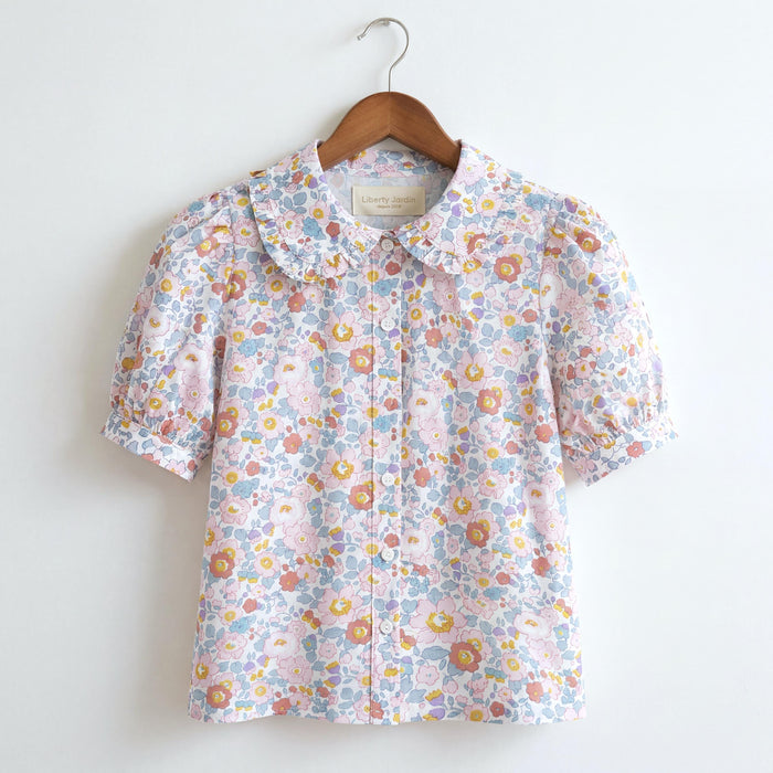 Liberty London Ruffle Peter-Pan Collared Short-sleeved Top, Handmade Sustainable Children Clothing, Customised Button-Up Blouse