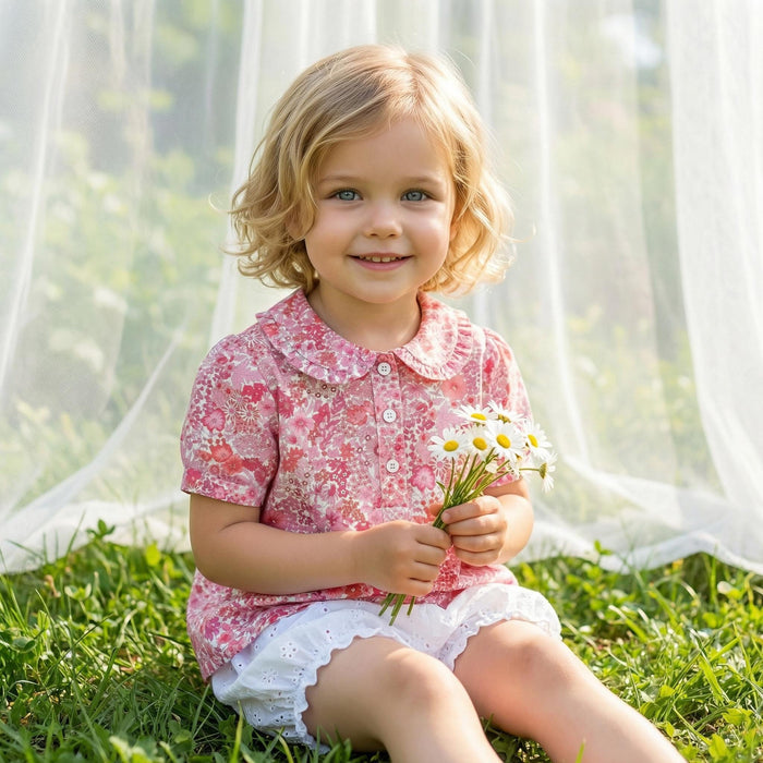 Liberty London Ruffle Peter-Pan Collared Short-sleeved Top, Handmade Sustainable Children Clothing, Customised Button-Up Blouse