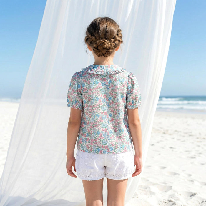 Liberty London Ruffle Peter-Pan Collared Short-sleeved Top, Handmade Sustainable Children Clothing, Customised Button-Up Blouse