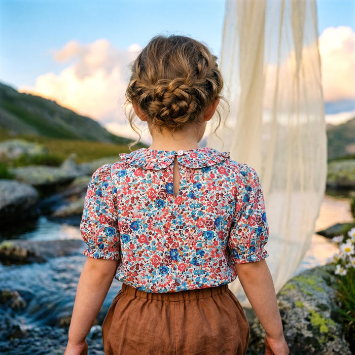 Liberty London Ruffle Peter-Pan Collared Short-sleeved Top, Handmade Sustainable Children Clothing, Customised Button-Up Blouse