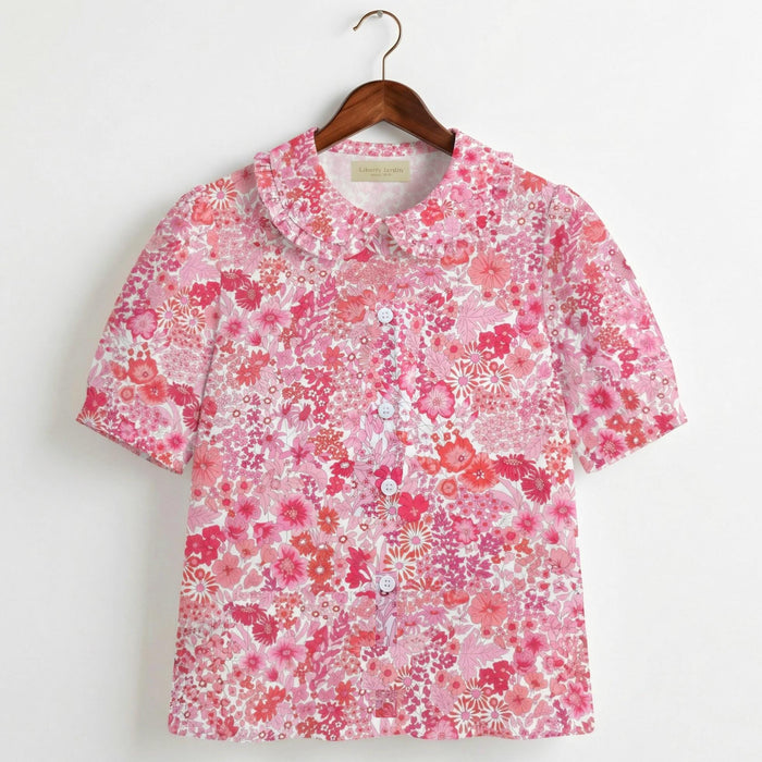 Liberty London Ruffle Peter-Pan Collared Short-sleeved Top, Handmade Sustainable Children Clothing, Customised Button-Up Blouse