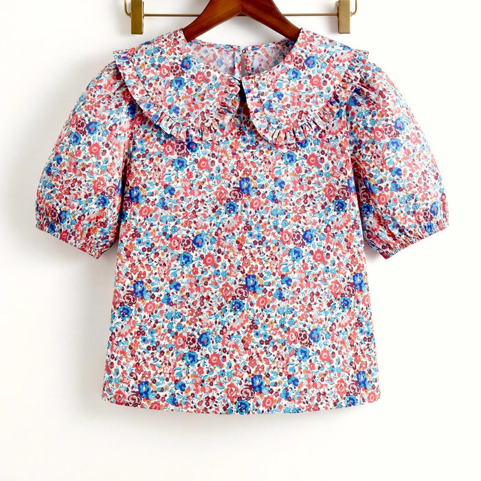 Liberty London Ruffle Peter-Pan Collared Short-sleeved Top, Handmade Sustainable Children Clothing, Customised Button-Up Blouse