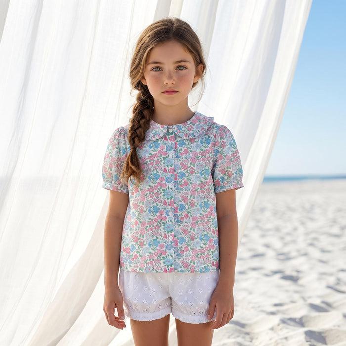 Liberty London Ruffle Peter-Pan Collared Short-sleeved Top, Handmade Sustainable Children Clothing, Customised Button-Up Blouse