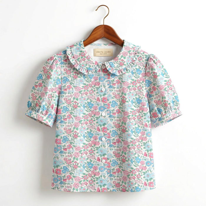 Liberty London Ruffle Peter-Pan Collared Short-sleeved Top, Handmade Sustainable Children Clothing, Customised Button-Up Blouse