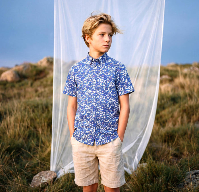 Liberty London Short-sleeved Button-up Shirt, Handmade Botanical Cotton Chemise, Sustainable Personalised Clothing, Customised Children-wear