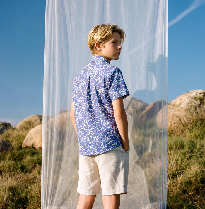 Liberty London Short-sleeved Button-up Shirt, Handmade Botanical Cotton Chemise, Sustainable Personalised Clothing, Customised Children-wear
