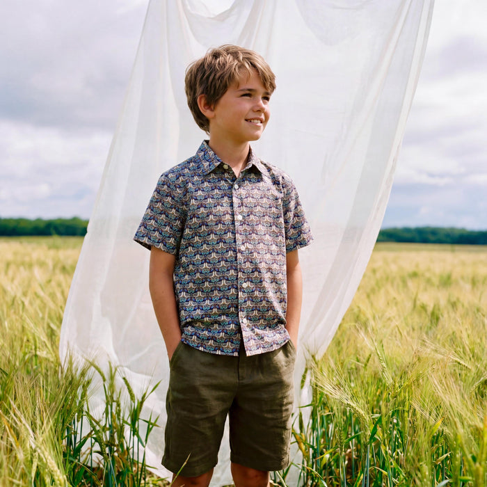 Liberty London Short-sleeved Button-up Shirt, Handmade Botanical Cotton Chemise, Sustainable Personalised Clothing, Customised Children-wear