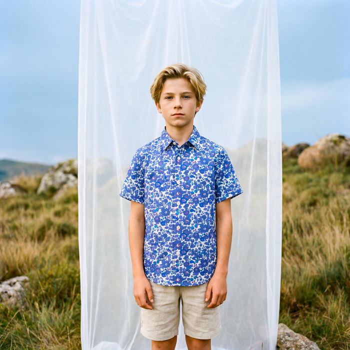 Liberty London Short-sleeved Button-up Shirt, Handmade Botanical Cotton Chemise, Sustainable Personalised Clothing, Customised Children-wear