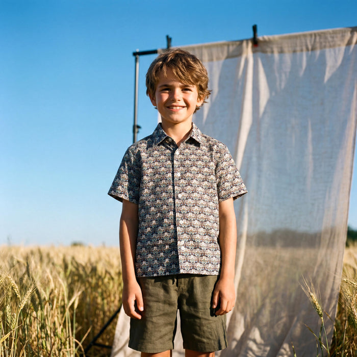 Liberty London Short-sleeved Button-up Shirt, Handmade Botanical Cotton Chemise, Sustainable Personalised Clothing, Customised Children-wear