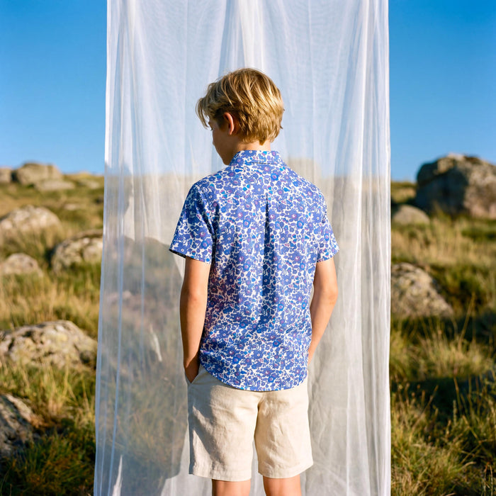 Liberty London Short-sleeved Button-up Shirt, Handmade Botanical Cotton Chemise, Sustainable Personalised Clothing, Customised Children-wear