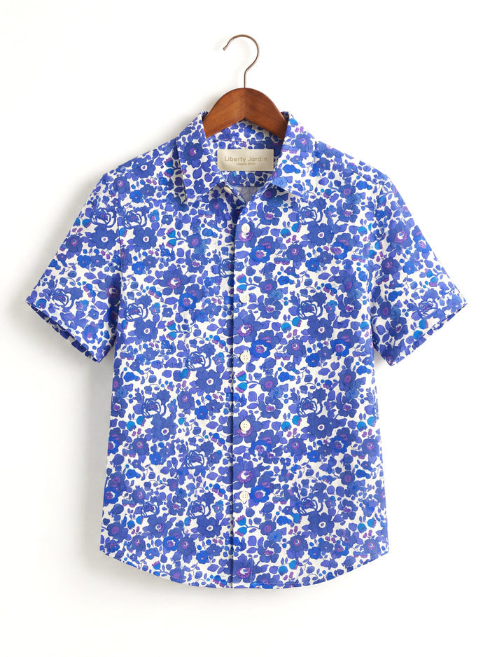 Liberty London Short-sleeved Button-up Shirt, Handmade Botanical Cotton Chemise, Sustainable Personalised Clothing, Customised Children-wear