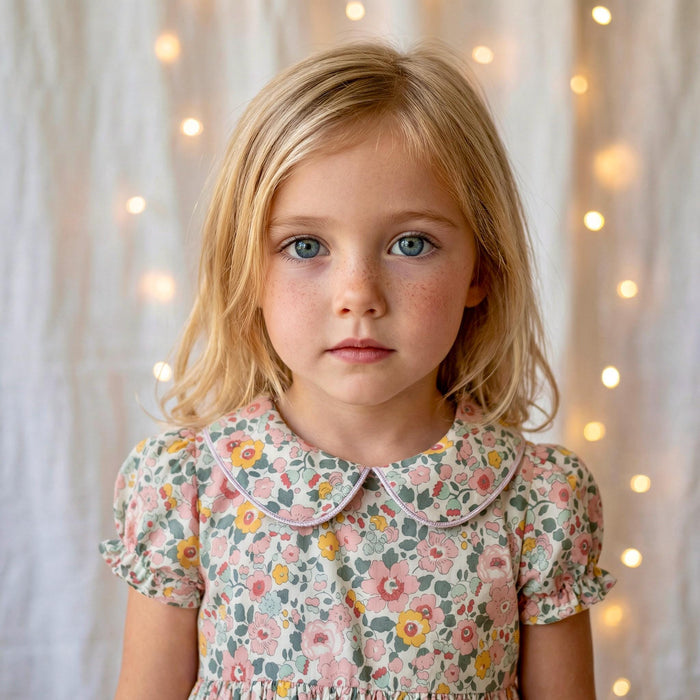Liberty London Short-sleeved Peter-Pan Collared Dress, Handmade Sustainable Clothing, Ditsy Floral-print Eco-friendly Children Outfit