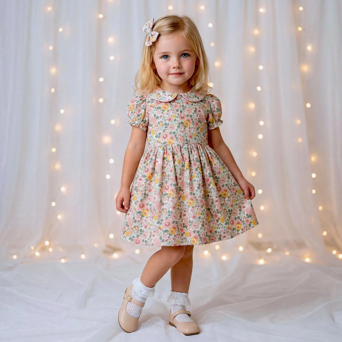 Liberty London Short-sleeved Peter-Pan Collared Dress, Handmade Sustainable Clothing, Ditsy Floral-print Eco-friendly Children Outfit
