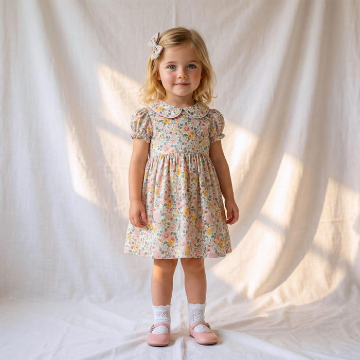 Liberty London Short-sleeved Peter-Pan Collared Dress, Handmade Sustainable Clothing, Ditsy Floral-print Eco-friendly Children Outfit