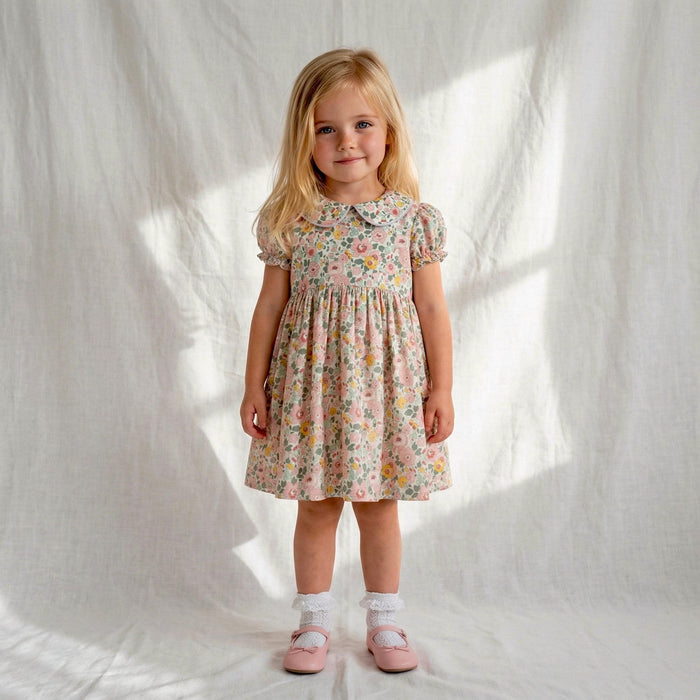 Liberty London Short-sleeved Peter-Pan Collared Dress, Handmade Sustainable Clothing, Ditsy Floral-print Eco-friendly Children Outfit