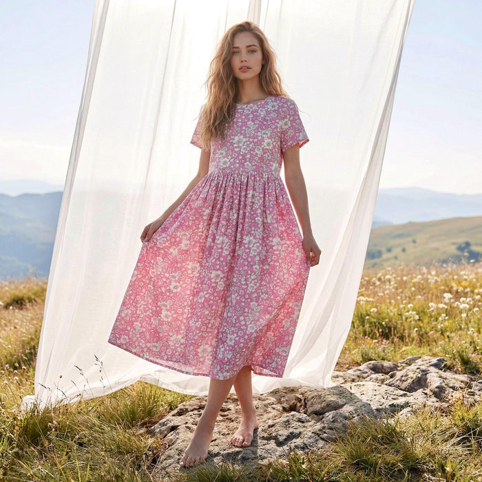 Liberty London Short-sleeved Scoop Neck Dress, Handmade Personalised Womenswear, Sustainable Botanical Cotton Clothing