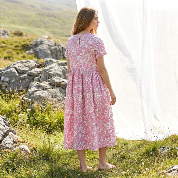 Liberty London Short-sleeved Scoop Neck Dress, Handmade Personalised Womenswear, Sustainable Botanical Cotton Clothing