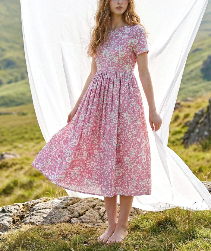 Liberty London Short-sleeved Scoop Neck Dress, Handmade Personalised Womenswear, Sustainable Botanical Cotton Clothing