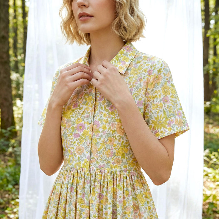 Liberty London Short-Sleeved Shirtdress, Handmade Botanical Floral-Print Womenswear, Midi Tailoring Dress, Sustainable Ethical Clothing
